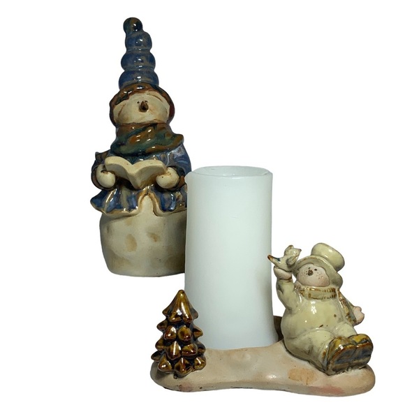 Holiday Candle Holder Set with Snowman Figurine Glazed Ceramic Christmas 2 Piece - Picture 13 of 13